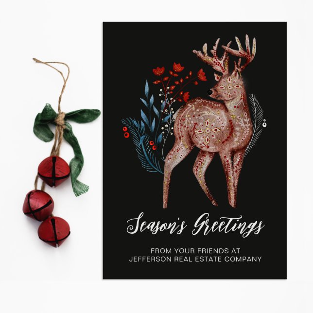 Rustic Reindeer Wreath Nordic Folk Business Holiday Card (Creator Uploaded)