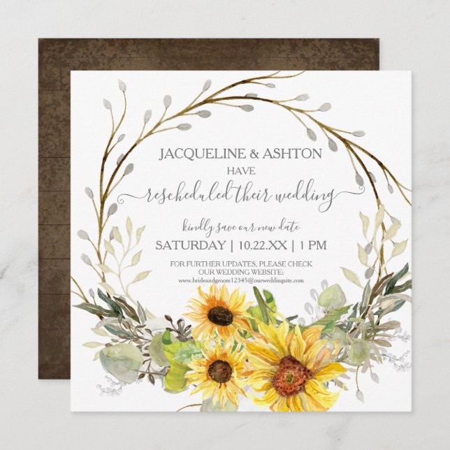 Rustic Rescheduled Wedding Script Sunflower Floral Invitation (Front/Back)