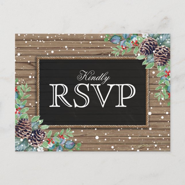 Rustic Response | Christmas Winter Wedding RSVP Invitation Postcard (Front)