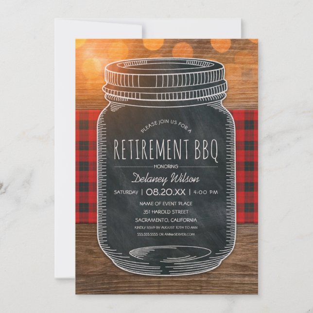 Rustic Retirement BBQ Party Chalkboard Mason Jar Invitation (Front)