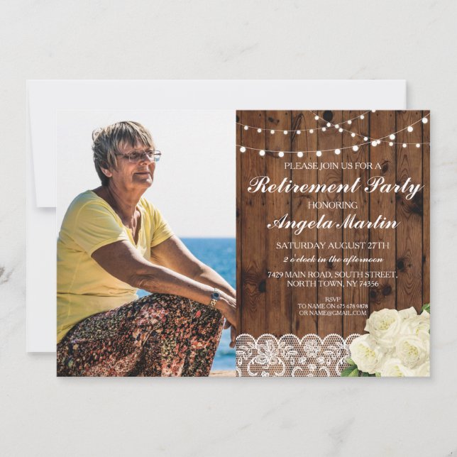 Rustic Retirement Party Wood Lace Rose Photo Invitation (Front)