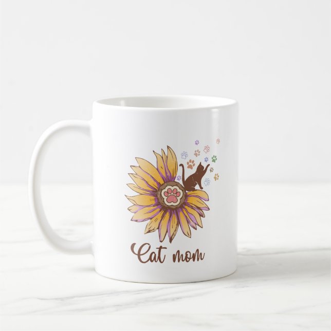 Rustic Retro  Boho Flower And Paws Cat Mum Coffee Mug (Left)