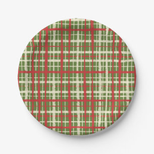 Rustic Retro Christmas Painted Plaid Green Pattern Paper Plate