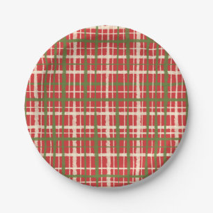 Rustic Retro Christmas Painted Plaid Red Pattern Paper Plate
