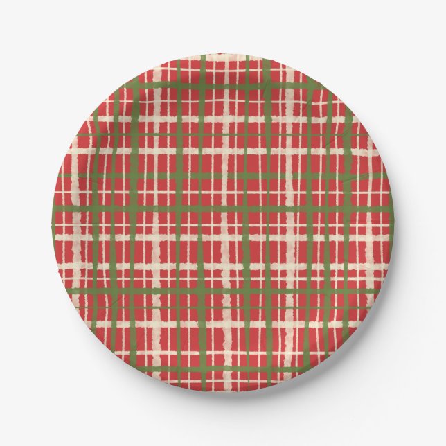 Rustic Retro Christmas Painted Plaid Red Pattern Paper Plate (Front)
