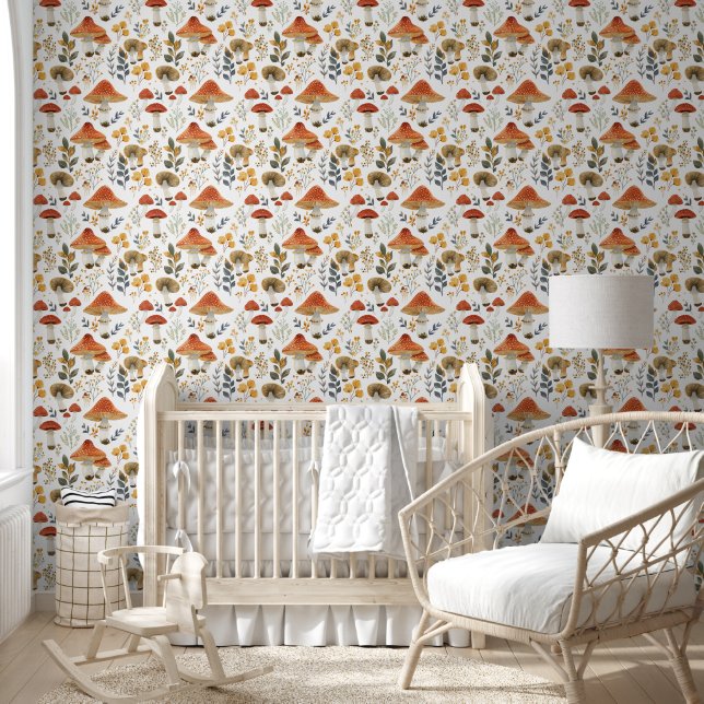 Rustic Retro Floral Mushroom Garden Fabric Pattern Wallpaper (Kids)