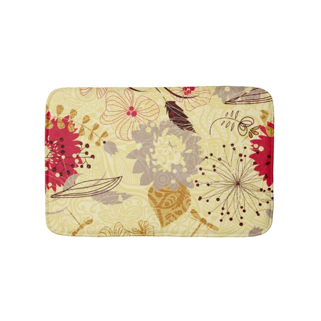 Rustic Retro Floral Pattern Beige And Red Bath Mat (Front)