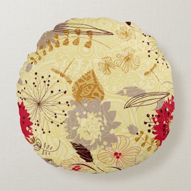 Rustic Retro Floral Pattern Beige And Red Round Cushion (Front)