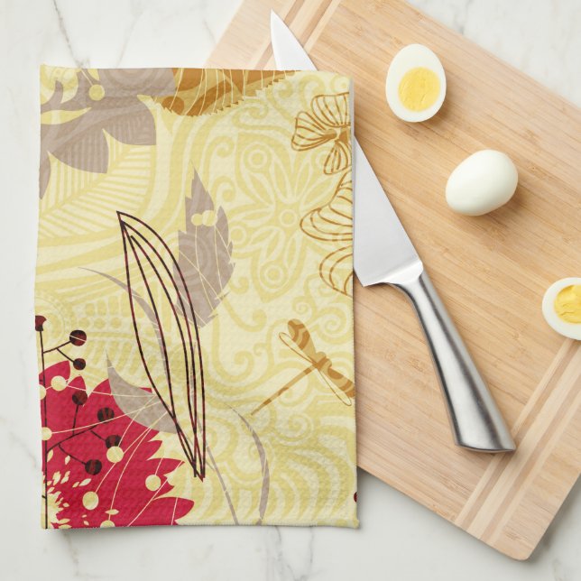 Rustic Retro Floral Pattern Beige And Red Tea Towel (Quarter Fold)