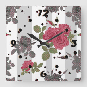 Rustic retro gray white striped flowers red roses square wall clock