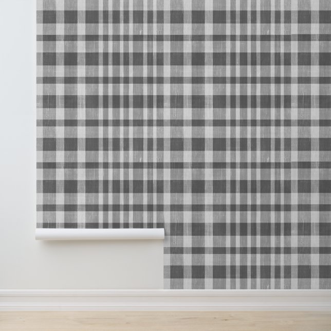 Rustic Retro Grey White Textured Plaid  Wallpaper (Application)