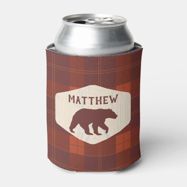 Rustic Retro Plaid Bear Personalised Can Cooler (Can Front)
