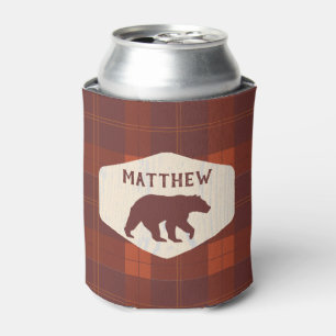 Rustic Retro Plaid Bear Personalized Can Cooler