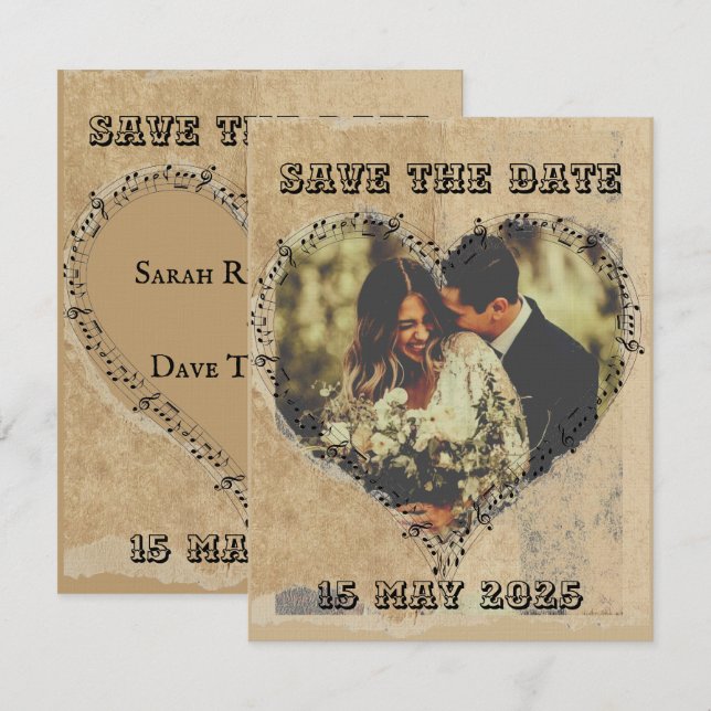 Rustic Retro Script with Musical Notes Heart frame (Front/Back)