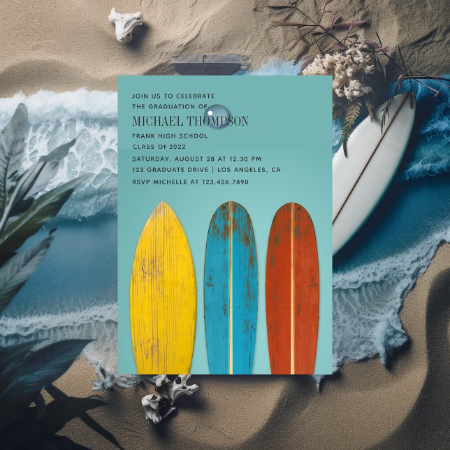 Rustic Retro Surfer Beach themed Graduate Party Invitation (Creator Uploaded)