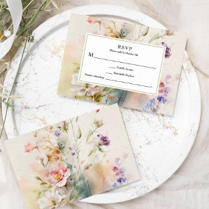 Rustic Retro Watercolor Wildflowers Wedding  RSVP Card
