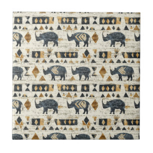 Rustic Rhino Tribal Pattern (1) Ceramic Tile