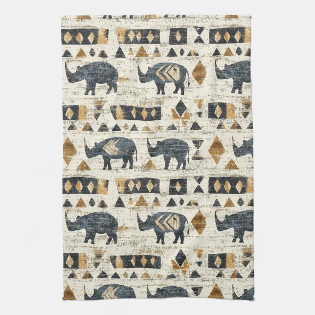Rustic Rhino Tribal Pattern (1) Tea Towel (Vertical)