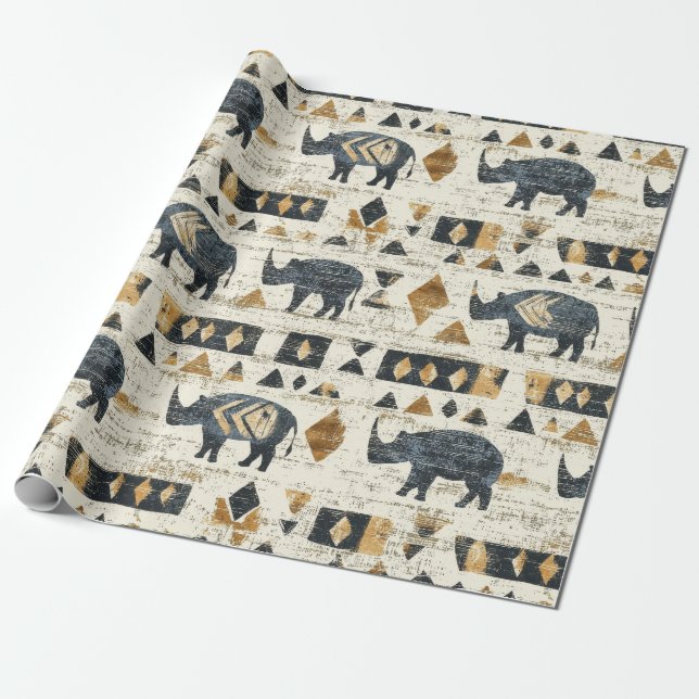 Rustic Rhino Tribal Pattern (1) Wrapping Paper (Unrolled)