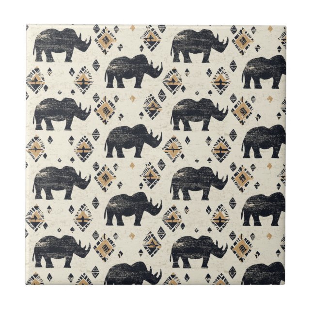 Rustic Rhino Tribal Pattern (2) Ceramic Tile (Front)