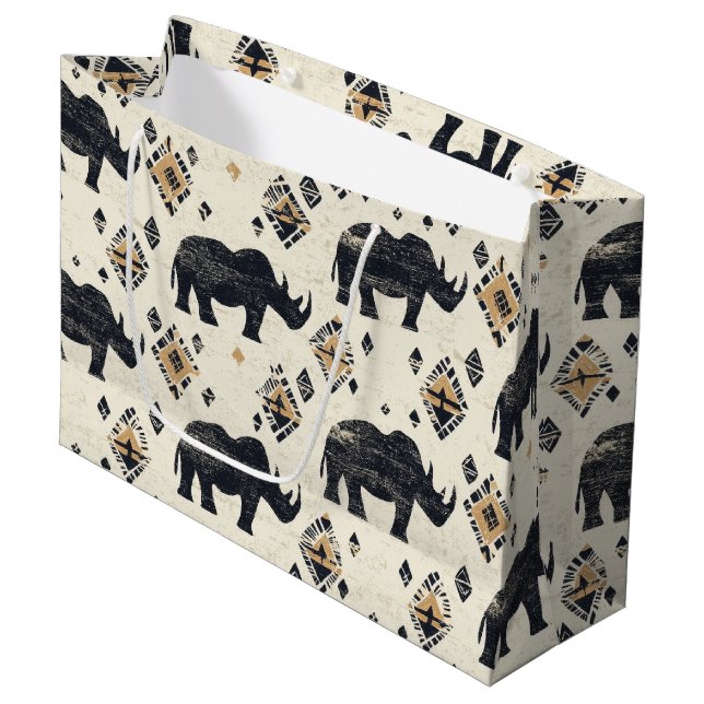 Rustic Rhino Tribal Pattern (2) Large Gift Bag (Front Angled)