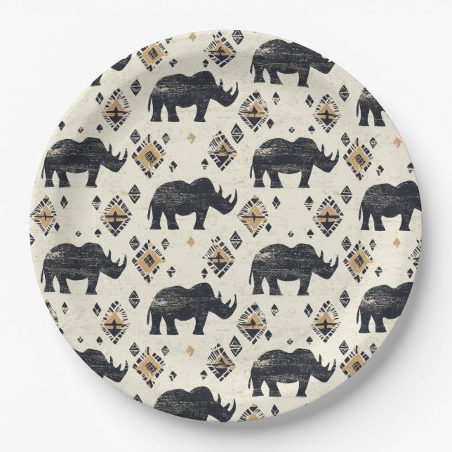 Rustic Rhino Tribal Pattern (2) Paper Plate (Front)