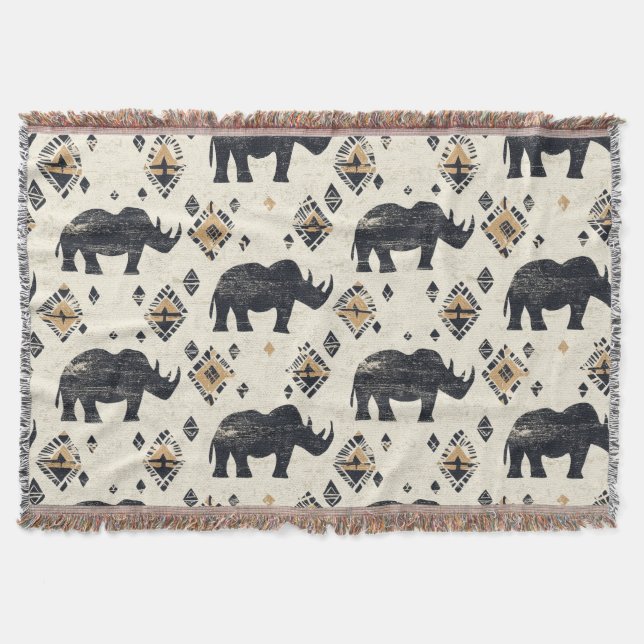 Rustic Rhino Tribal Pattern (2) Throw Blanket (Front)
