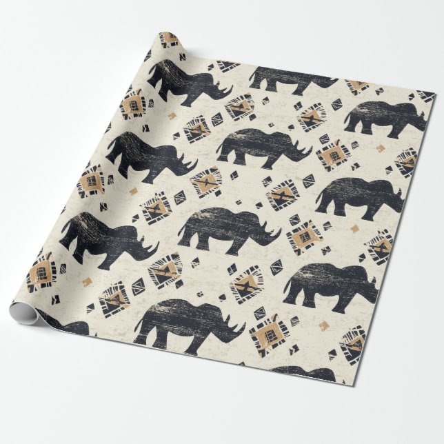 Rustic Rhino Tribal Pattern (2) Wrapping Paper (Unrolled)