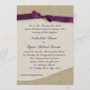 Rustic Ribbon and Burlap Orange and Purple Wedding Invitation