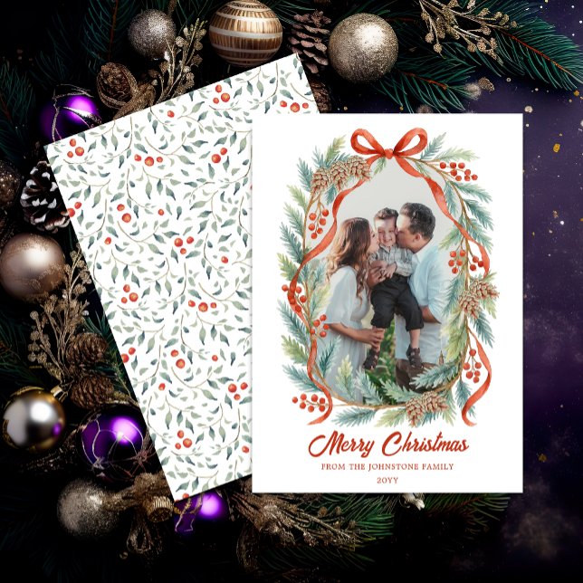 Rustic Ribbon Evergreen Photo Christmas Holiday (Elegant watercolor ribbon and evergreen photo card front and back view)