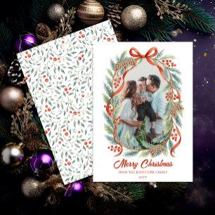 Rustic Ribbon Evergreen Photo Christmas Holiday Card