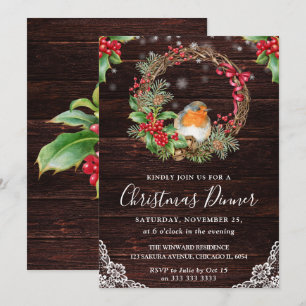 Rustic Robin and Holly Wreath Christmas Invitation
