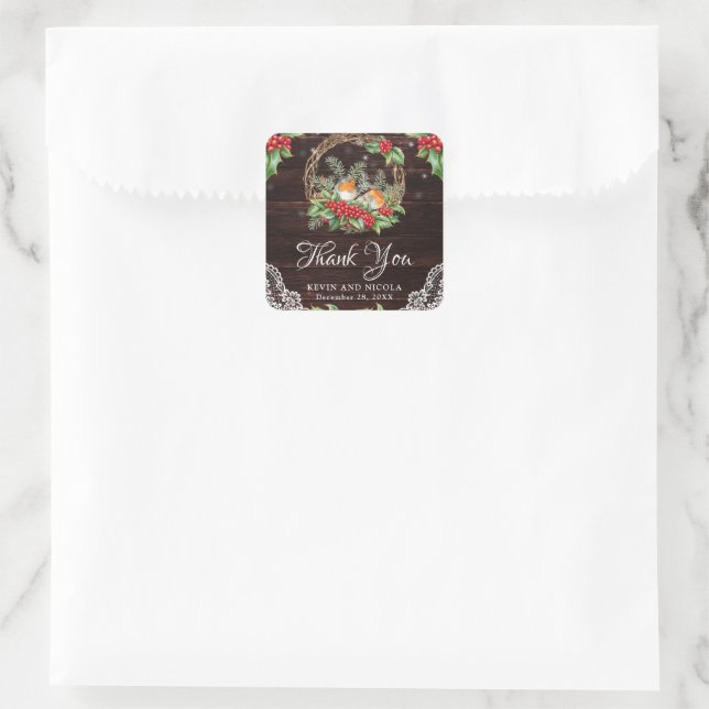Rustic Robins & Holly Winter Wreath Wedding Square Sticker (Bag)