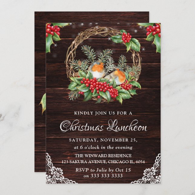 Rustic Robins & Holly Wreath Christmas Luncheon Invitation (Front/Back)