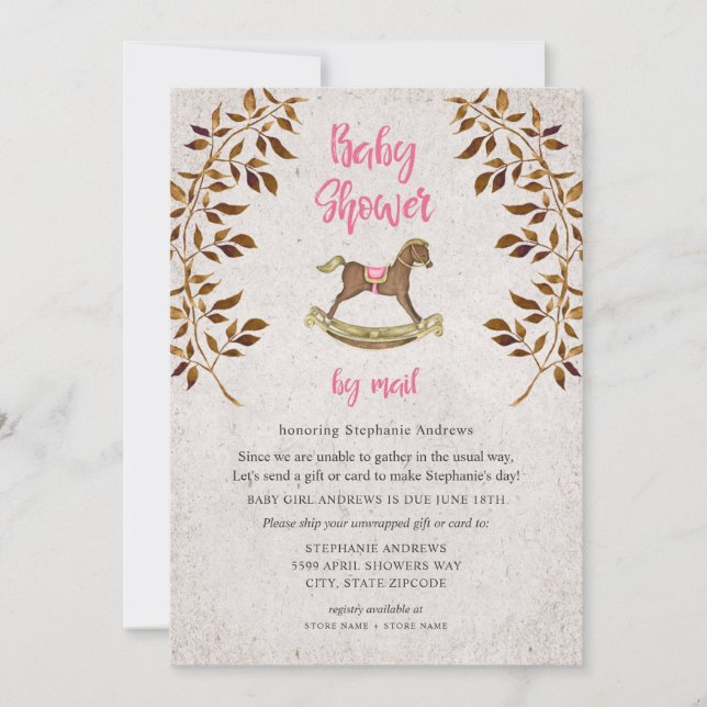 Rustic Rocking Horse girl baby shower by mail Invitation (Front)