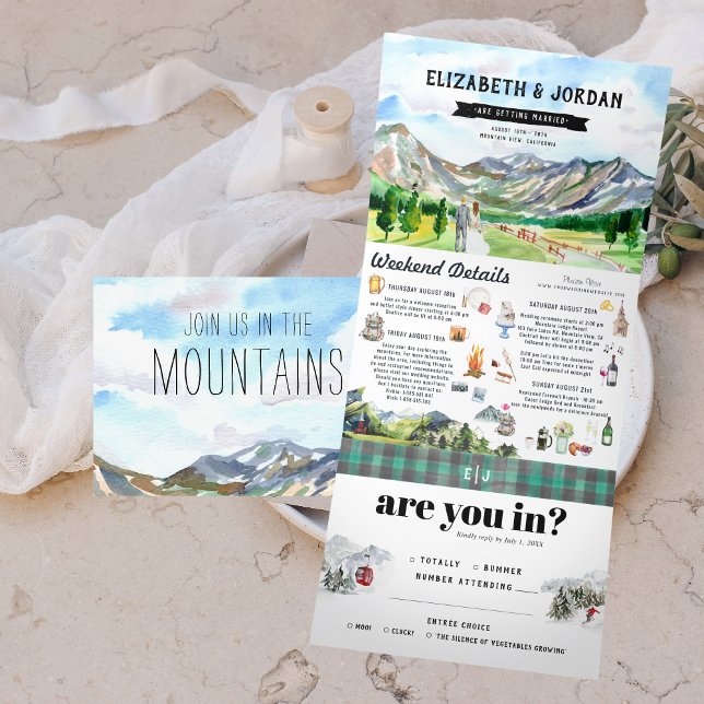 Rustic Rocky Mountain | Illustrated Wedding Tri-Fold Invitation (Creator Uploaded)