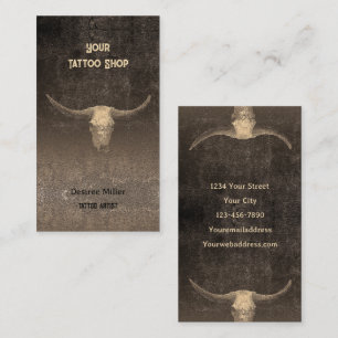 Rustic Rodeo Brown Texture Tattoo Shop Bull Skull Business Card
