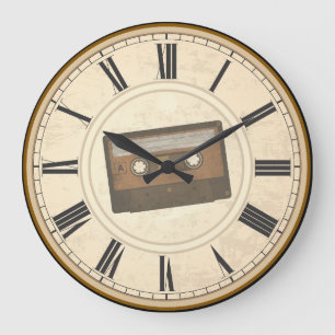 RUSTIC ROMAN NUMERALS UNIQUE CASSETTE TAPE LARGE CLOCK