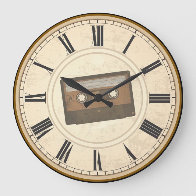 RUSTIC ROMAN NUMERALS UNIQUE CASSETTE TAPE LARGE CLOCK (Front)