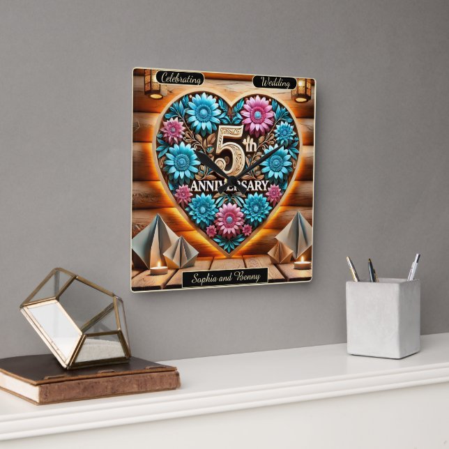 Rustic Romance: 5th Anniversary Charm Square Wall Clock (Office)