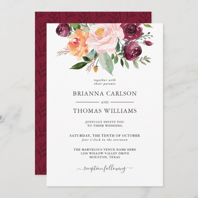 Rustic Romance Burgundy and Pink Floral Wedding Invitation (Front/Back)