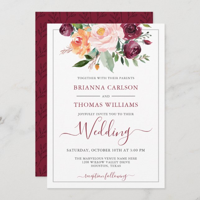 Rustic Romance Burgundy and Pink Floral Wedding Invitation (Front/Back)