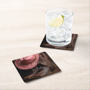 Rustic Romance: Cowboy Boots & Rose Hat Wedding Square Paper Coaster
