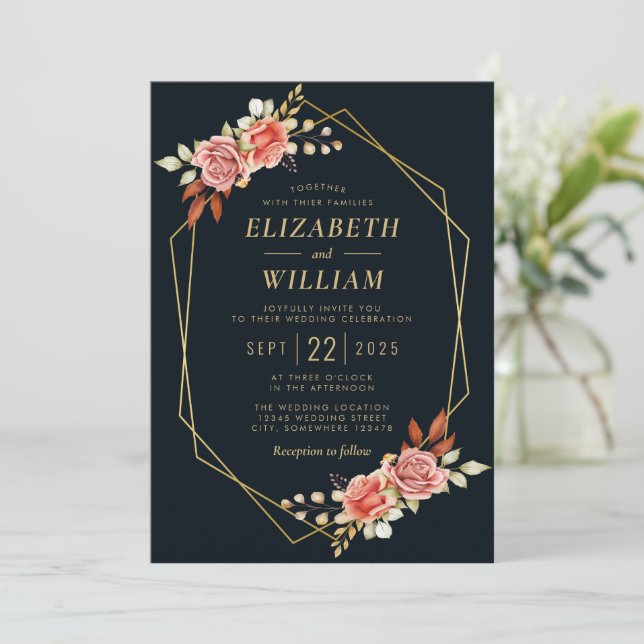 rustic romance floral geometric wedding invitation (Standing Front)
