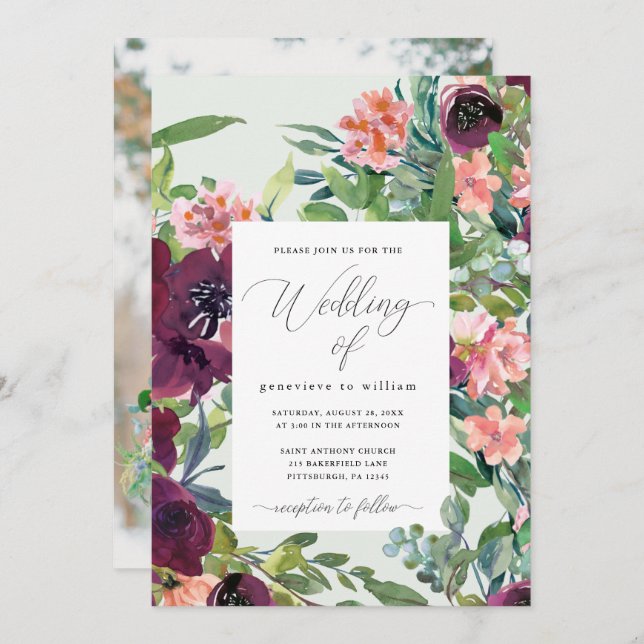 Rustic Romance Floral Photo Wedding Invitation (Front/Back)