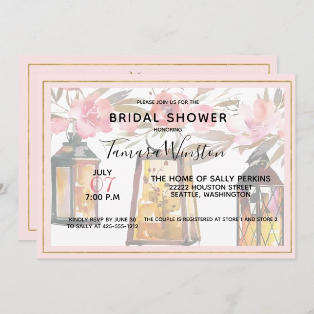 Rustic Romance Lanterns Rose Gold Bridal Shower Invitation (Front/Back)
