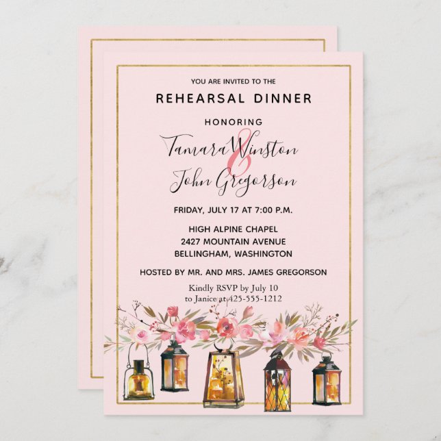 Rustic Romance Lanterns Rose Gold Rehearsal Dinner Invitation (Front/Back)