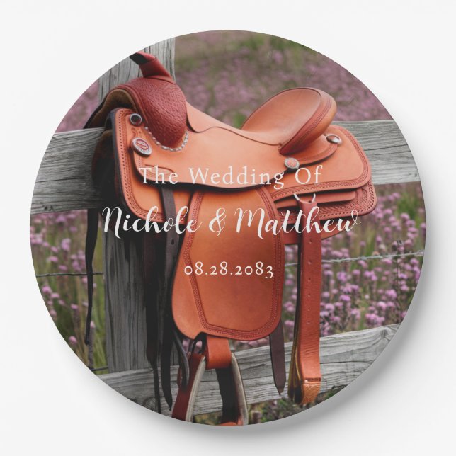 Rustic Romance: Saddle on the Fence Wedding Paper Plate (Front)