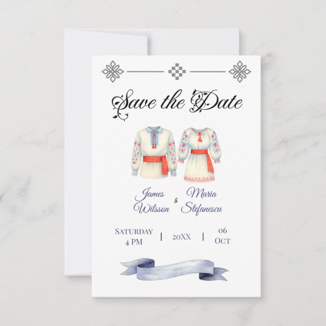 Rustic Romanian Wedding Traditional Folk Costumes  Save The Date (Front)