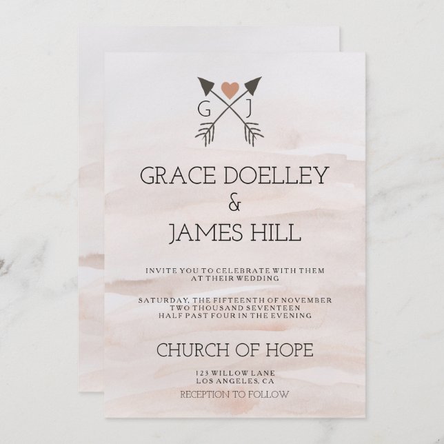 Rustic Romantic Arrows and Heart Wedding Invitatio Invitation (Front/Back)